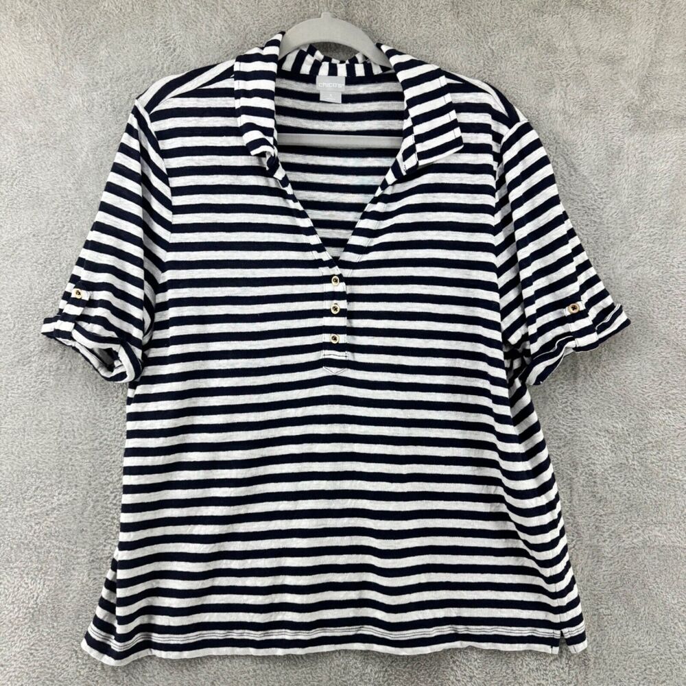 Chicos Top Womens 3 (XL) Blue Striped Linen Popover V-Neck Button Nautical
